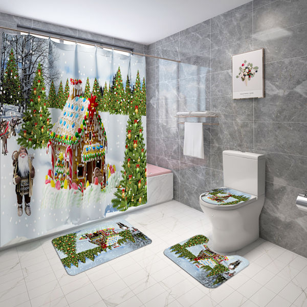 Digitalt farvetryk Juletræsgardinmåttesæt Bruseforhæng Toiletgulvmåtte Bruseforhæng firedelt sæt, C06,