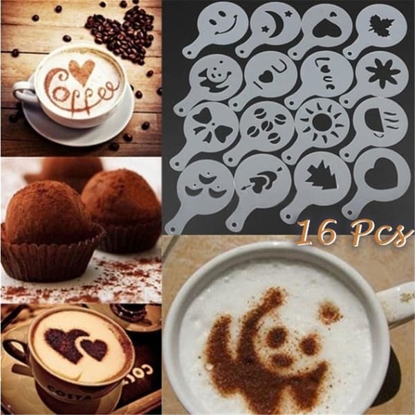 16 st plast cappuccino kaffe skum spray mallar stenciler DIY dekorera kaffe tryckform