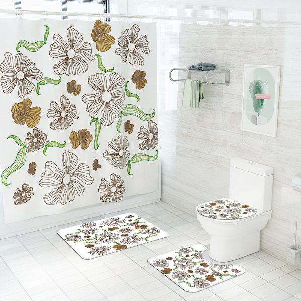 Liten serie av färska blommor tryck rose fyrdelad polyester duschdraperi toalett golvmatta, A9,