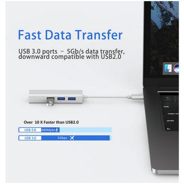 USB C - Gigabit Ethernet -sovitin USB C - USB 3.0 10/100/1000 RJ 45 LAN -verkkosovitinkaapeli, tukee Windows 8/7/10