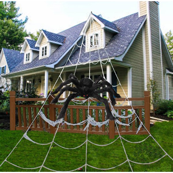 Ny Halloween edderkoppnett triangel nett festdekorasjon rekvisitter simulering stort edderkopp plysj edderkopp kostyme (7m hvitt trekantnett (7*5,5m med spiker))