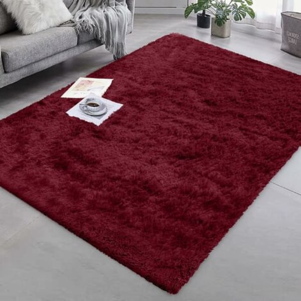 Shag matta för vardagsrum - Modern fluffig - Kort lugg - Halkfri vinröd (100 cm x 160 cm)