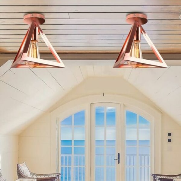 Retro taklampe med trekantdesign, moderne takbelysning, vintage industriell stil i rosa gullmetall, soveromskafé