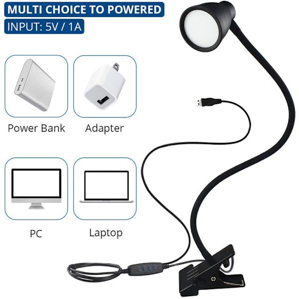 Musta 5 cm:n minipöytälamppu 360 astetta säädettävä hanhenkaulapidike lukuvalopidike Pöytälamppu Himmennettävä pidike USB pöytälamppuun