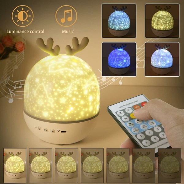 Cute Deer Bluetooth-fjernbetjening Gratis 6 sæt lys 1W Dream Rotating Projection Light Soveværelses Natlys, for ind