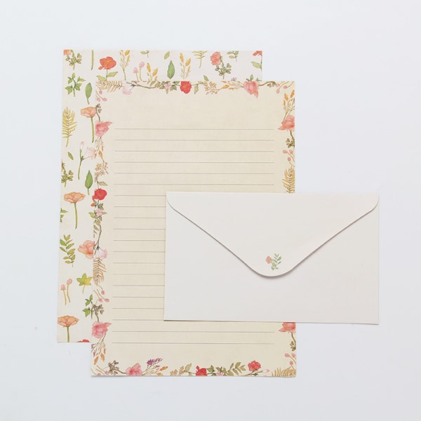 Blomsterpapirskrivesett, 2-delt sett (12 forede papirark + 6 matchende konvolutter)