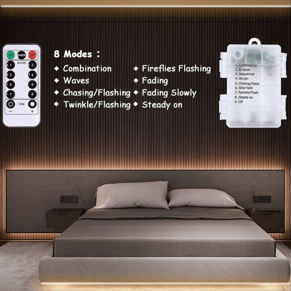 [HT]3m Batteri LED-stripe med fjernkontroll, 90 LED-lys Vanntett stripe, 8 moduser, dimbar, timer, selvklebende, kuttbar (varmhvit)