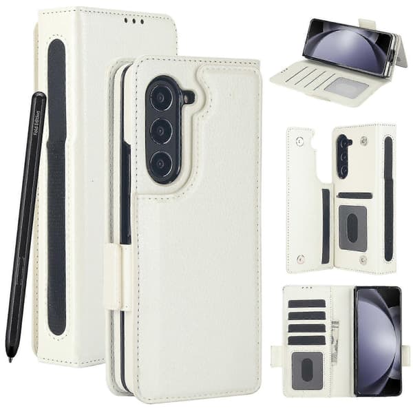 Til foldbar lædertelefonetui til Samsung Galaxy Z Fold5 White