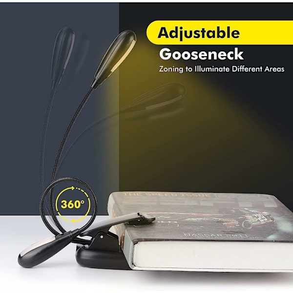 Genopladeligt læselys, læselampe 14 LED'er 3 farver 9 tilstande Justerbar lysstyrke, 360° Clip-on lampe Trådløs Flex
