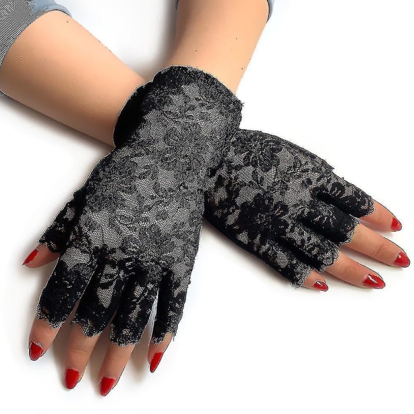 Svarta spetshandskar för damer halvfinger spetshandskar Uv-skydd för finklänning (2 par)