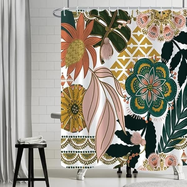 【HT】Bøhmisk badeforhæng, Boho stil badeforhæng blomster rose grøn