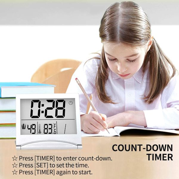 Digital reisevekkerklokke - Sammenleggbar kalendertemperaturtimer LCD-klokke med slumremodus - Stor digital skjerm, Batt