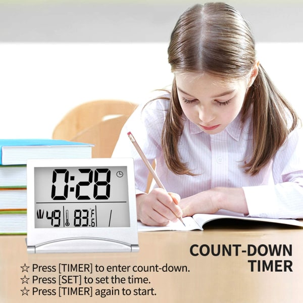Digitalt rejsevækkeur - Foldeligt kalendertemperaturur LCD-ur med snooze-tilstand - Stort digitalt display, Batt