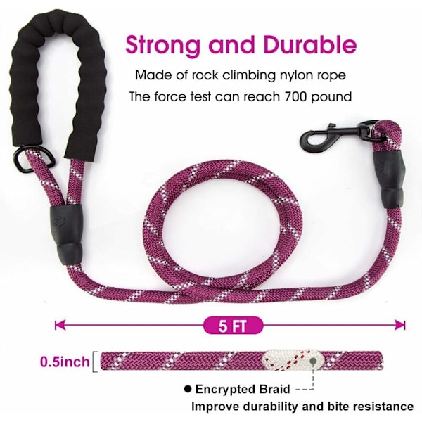 Hundkoppel, 1,5 m lina Hundkoppel 100 % nylon med bekvämt vadderat handtag och natthögreflekterande garn som passar alla hundar (lila)，