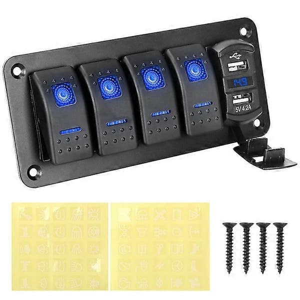 24V 12V bryterpanel 4 knapper lysbryter USB-ladere 3.0 adapter voltmeter tester tilbehør for bil marine båt campingvogn bobil Blue