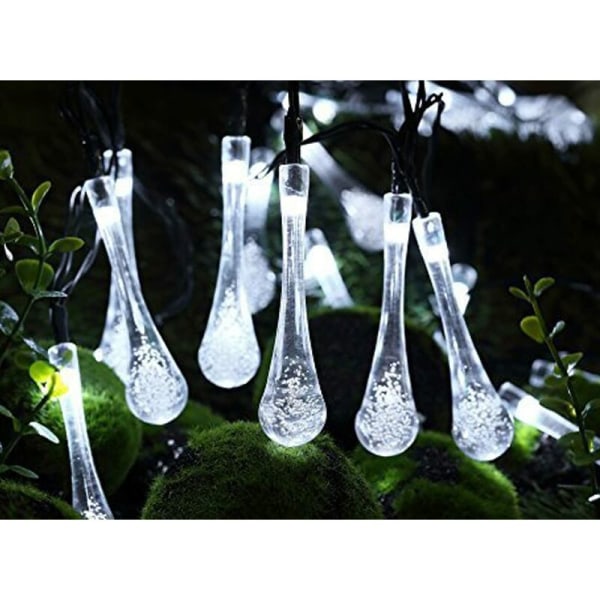 Positiv vit soldriven 6,5 m 30 lampor 8 funktioner vattendroppsljus LED vattentät solljusslinga Bubble Ball Ou
