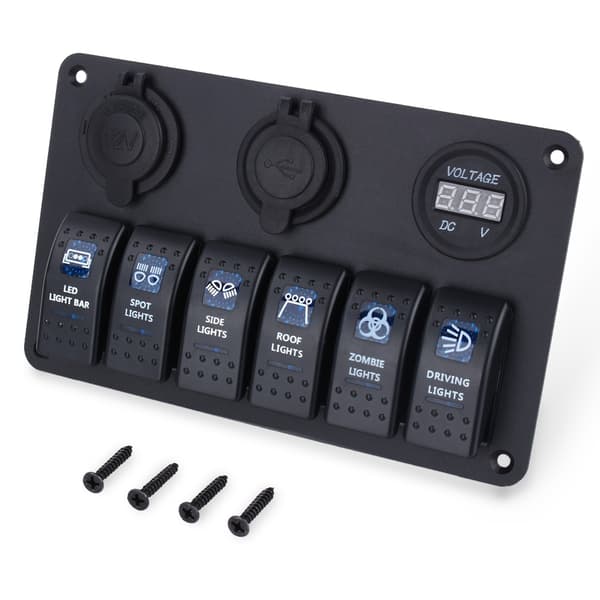 6-vejs LED bådvippekontaktpanel USB-udtag cigarettænderstik voltmeter