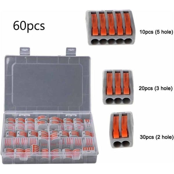 60-delt elektrisk stik – 30 x 2-vejs, 20 x 3-vejs, 10 x 5-vejs – Modificeret nylon 6.6 materiale – Værktøjsfri forbindelse – 10 stk.
