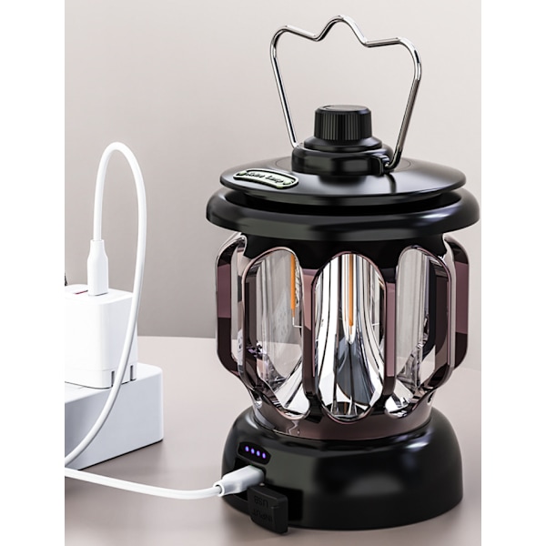Udendørs campinglampe LED Retro hestelanterne bærbart teltlys USB-opladning Udendørs campinglampe (sort),