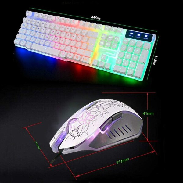 Rainbow LED bakgrunnsbelyst spilltastatur Mus Combo Ergonomisk tastatur + spillmusespill + musematte，hvit