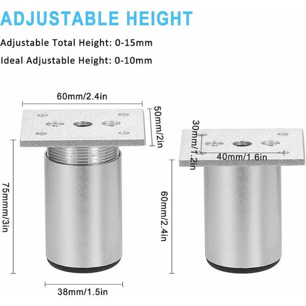 4 stk runde kabinettben i aluminiumslegering, støtteføtter for tv-skap, (38*60 mm matt), daglige nødvendigheter, bekvemmelighet