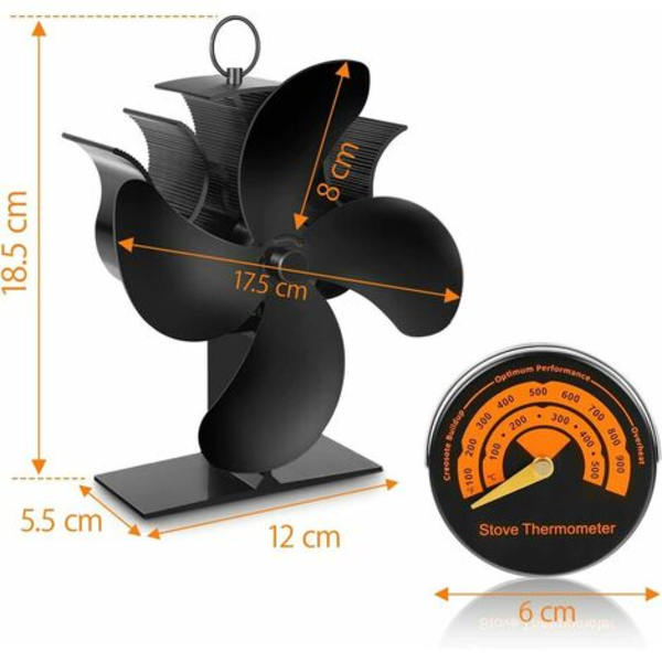 Komfyrvifte, 4-blads varmevifte med termometer, automatisk og stillegående drift, egnet for peis, peis, tregran