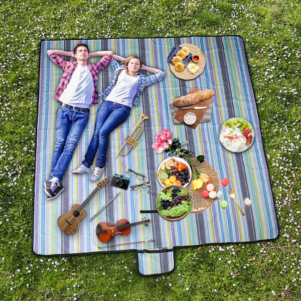 Picnicmåtte Fugtsikker måtte Oxfordklud 145*200CM blå og grøn ternet