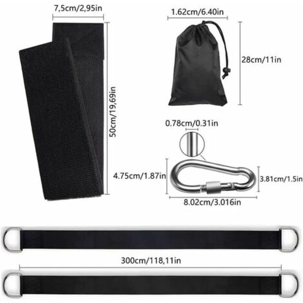 Hængekøjemonteringssæt - 300 cm maks. belastning 1000 kg, kraftig hængekøjestrop med 2 karabinhager, træsvingrem