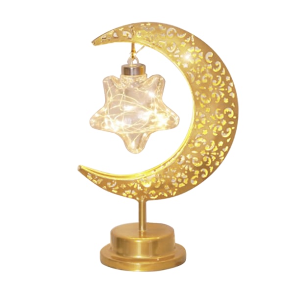 HT bordslampa måne med järnbroderimönster, LED hängande månform dekorativ nattlampa stjärna Moon and Stars