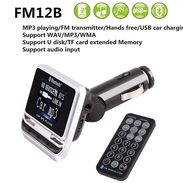 Fm12b 1,44 tums LCD-skjerm Bluetooth bil mp3-spiller Håndfri trådløs FM-sändare Radioadapter