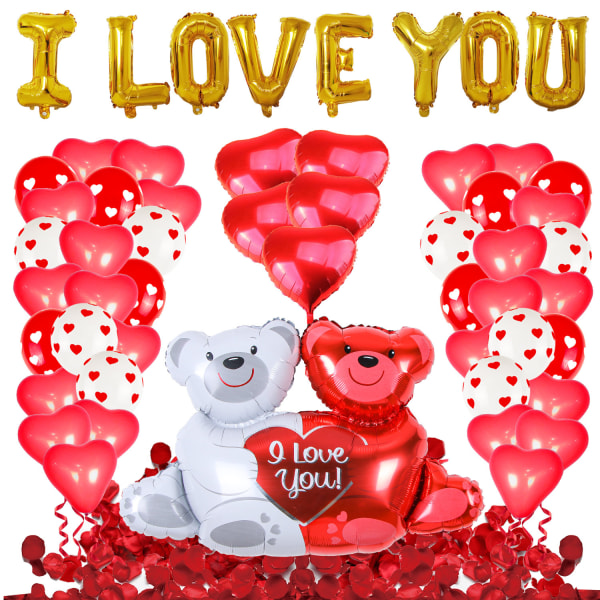 Trykte kærlighedsballoner, Love Hug Bear Confession Decoration, Valentine Confession Balloner (Valentine Hug Bear Rose Set),