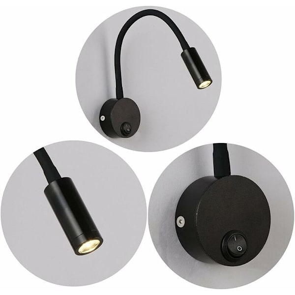 Set med 2 aluminium svart färg sänglampa, skrivbordslampa varmvitt ljus ögonskydd, 3W LED väggläslampa med Swi