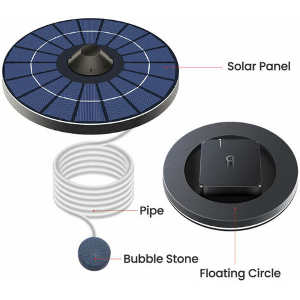 Solar iltpumpe til dam med luftslange og boblesten fiskedam lufter Ilt til fuglebad springvand Lille dam