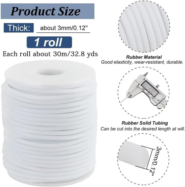 32,81 Yards Solid Gummisnor, 3mm Hvit Plasttau Hul Gummislange Snor Rund Elastisk Snor Perlearbeid Håndverkstråd Strekksnor til DIY Håndverk[ht]