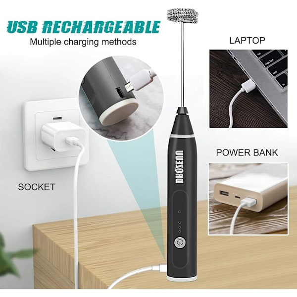 Bærbar melkeskummer, Mini USB oppladbar elektrisk latteskummer, 3 hastigheter, for kaffe, Matcha, Cappuccino Latt