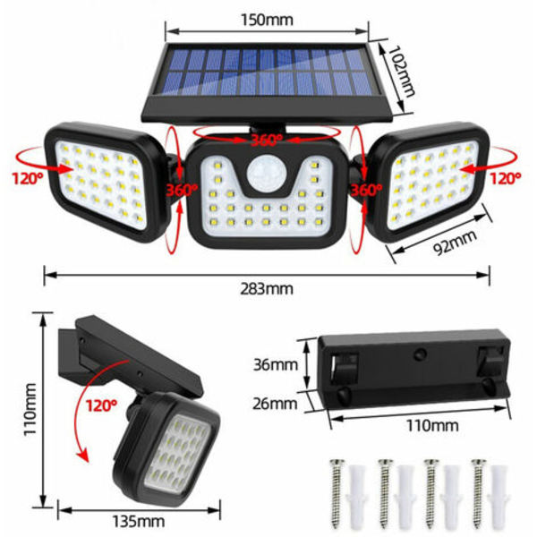 Solar Light COB LED Vägglampa Utomhus Solar Powered Motion Sensor Light, rörelseaktiverad belysning, justerbar vinkel, W