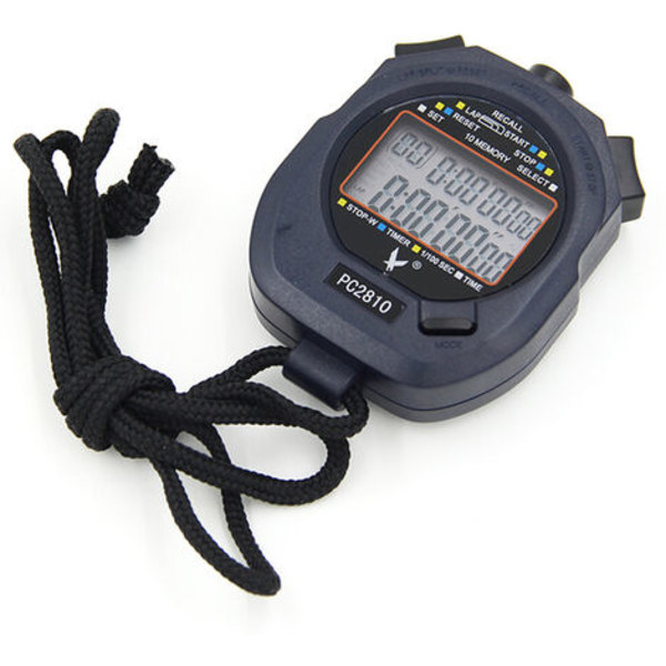 Profesjonell digital sportsstoppeklokke, 2 linjer 10 minne, nedtelling, alarm, batteri + ledning, PC2810