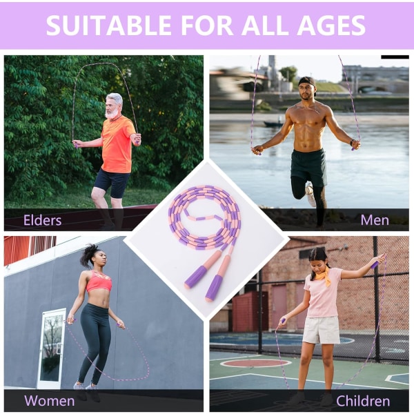 Mjukt hopprep med pärlor, justerbart trasselfritt segmenterat fitness för män, kvinnor, barn och studenter (9 fot, 280 cm)
