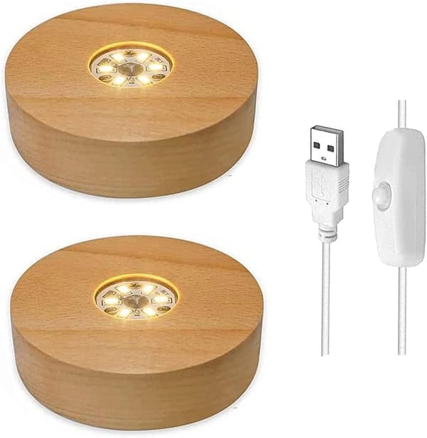 [HT]Krystal LED Lysbase, 2-pak Træ Display Stand med USB