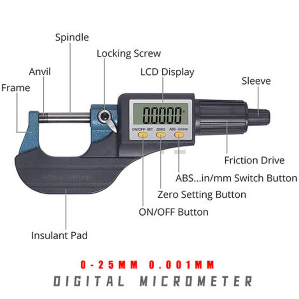 Elektronisk mikrometer Mikrometer Veggtykkelse Mikrometer Digitalt mikrometer 0-25mm 0,001MM