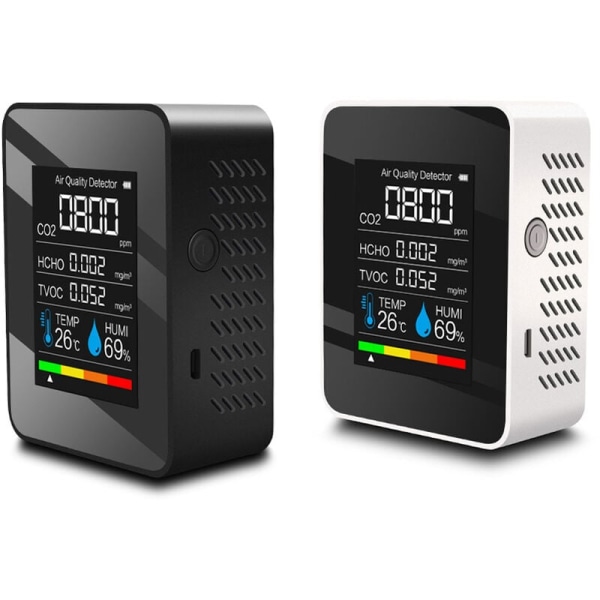 CO2-detektor Luftkvalitet CO2/HCHO/TVOC/TEMP/HUMI-detektor Temperatur fugtighedstester Kuldioxid-monitor Sort til C