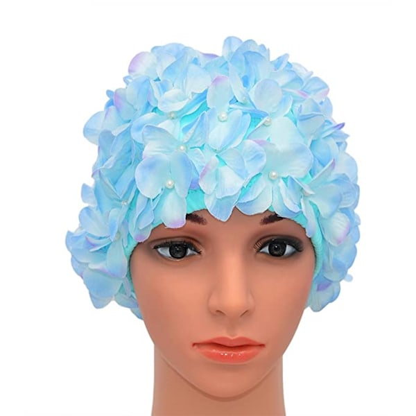 Kvinders badehætte i vintage stil, blomsterprint, retro stil, lyseblå,