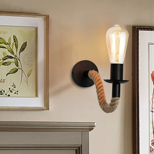 bitar med ljuskälla hamparep vägglampa trä vägglampa, sänglampa hall vägglampa, lämplig för vardagsrum,