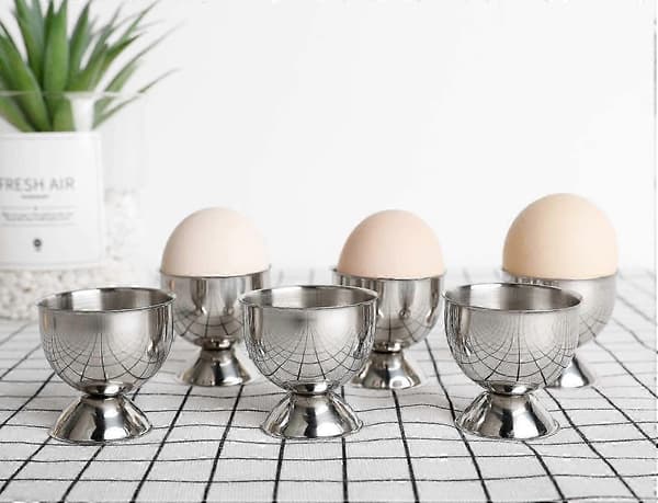 Sett med 6 eggeglass i rustfritt stål for kokte egg