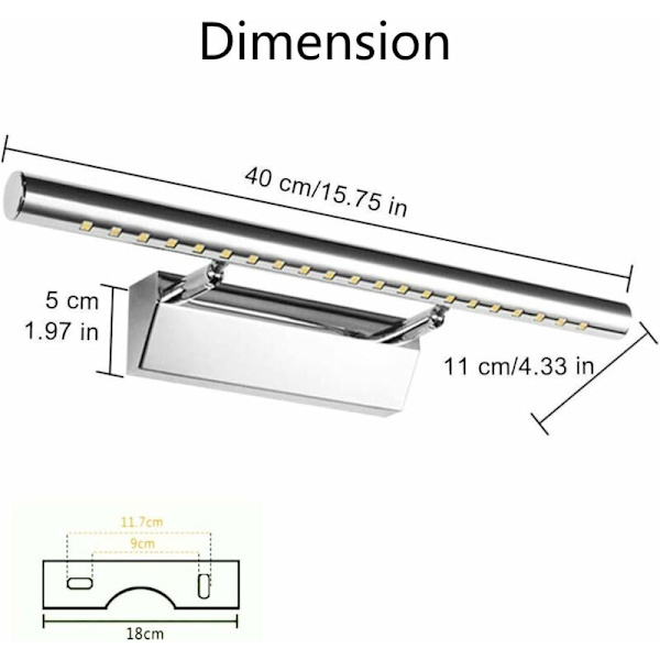 Lett baderomsspeillampe LED 5W Vegglampe Lys Bordlys Vanntett IP44 Justerbar 180° rustfri belysning De