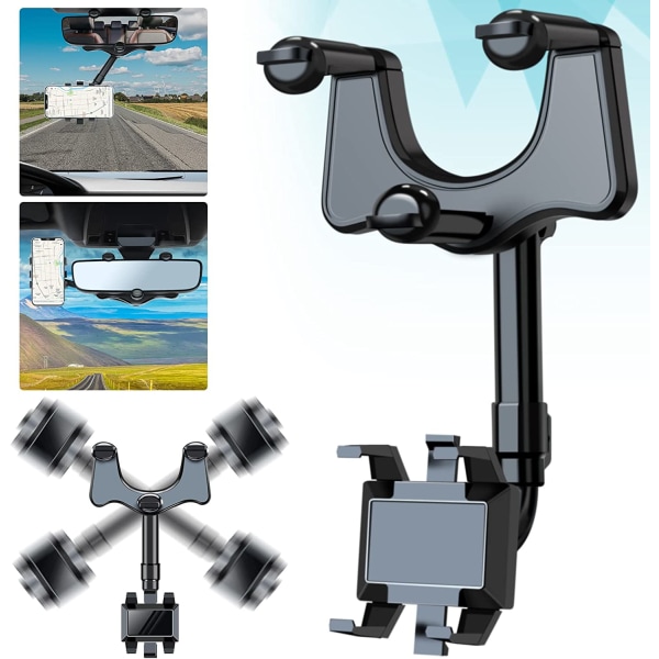 Biltelefonholder for bakspeil Roterbar og uttrekkbar biltelefonholder Universal 360° bakspeiltelefonholder