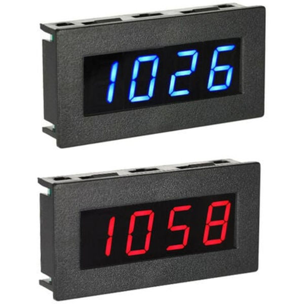 2 digitale speedometer, rødt og blått vist med fire digitale rør, rødt og blått