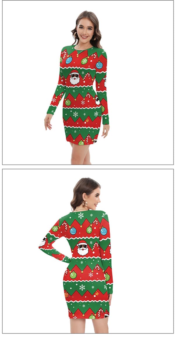 Julmönstrad långärmad bodycon-klänning med 3D-tryck för dam – festlig slim-fit miniklänning M