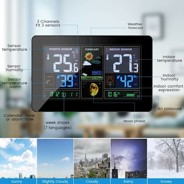 Trådløs sensor værstasjon DCF radiotermometer Hygrometer Barometer Digitalt innendørs utendørs månefase LCD-skjerm