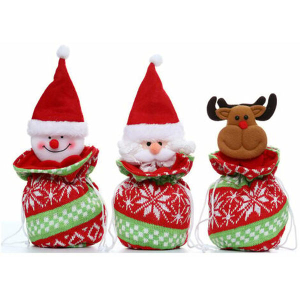 3 stk julegodteripose strikket snøring Gaveposer Julenissen Snowman Gjenbrukbar pose Kaffebønneoppbevaringspose Eplepose
